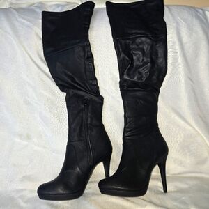 Thigh high black heeled boots, size 10